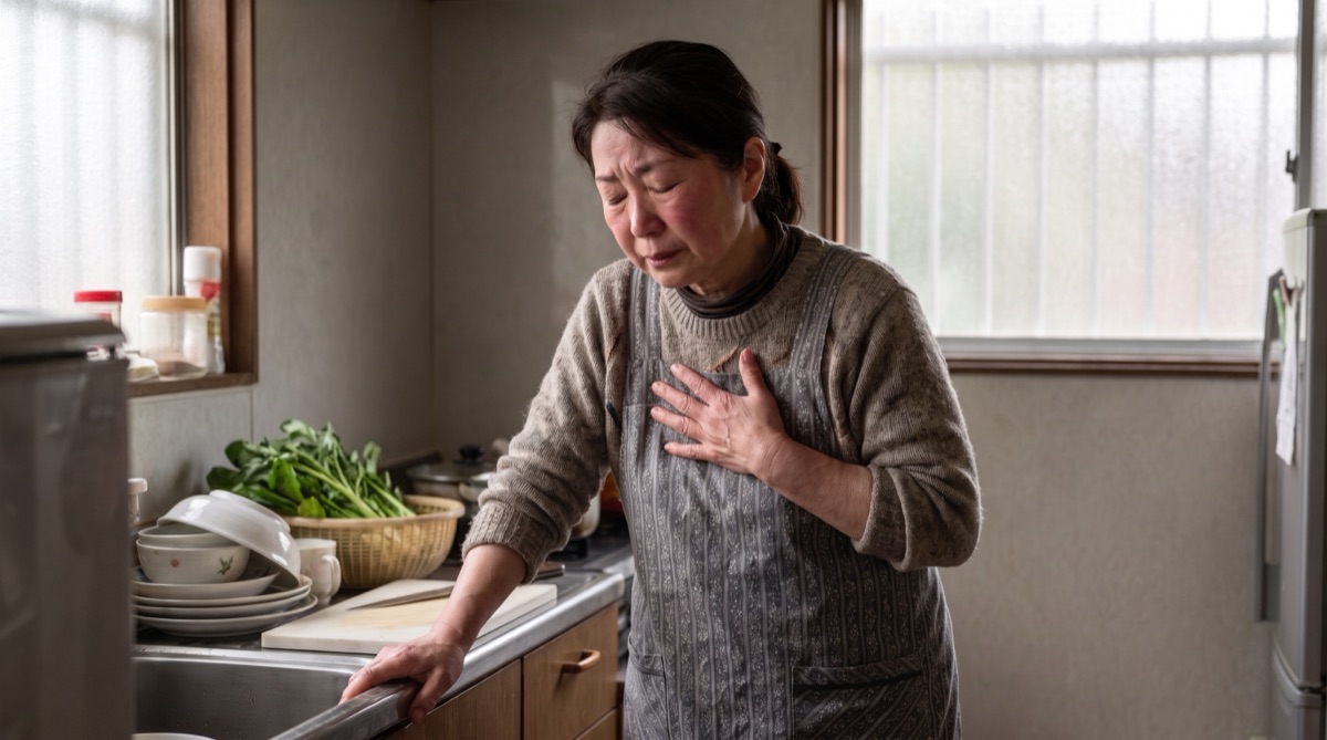 家事の途中で不調に耐える女性のイメージ