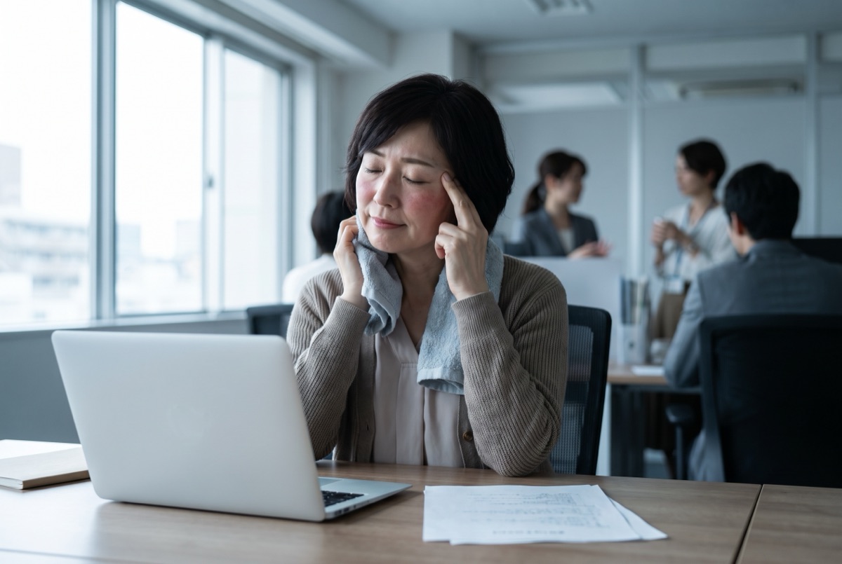 職場で不調を我慢する女性のイメージ